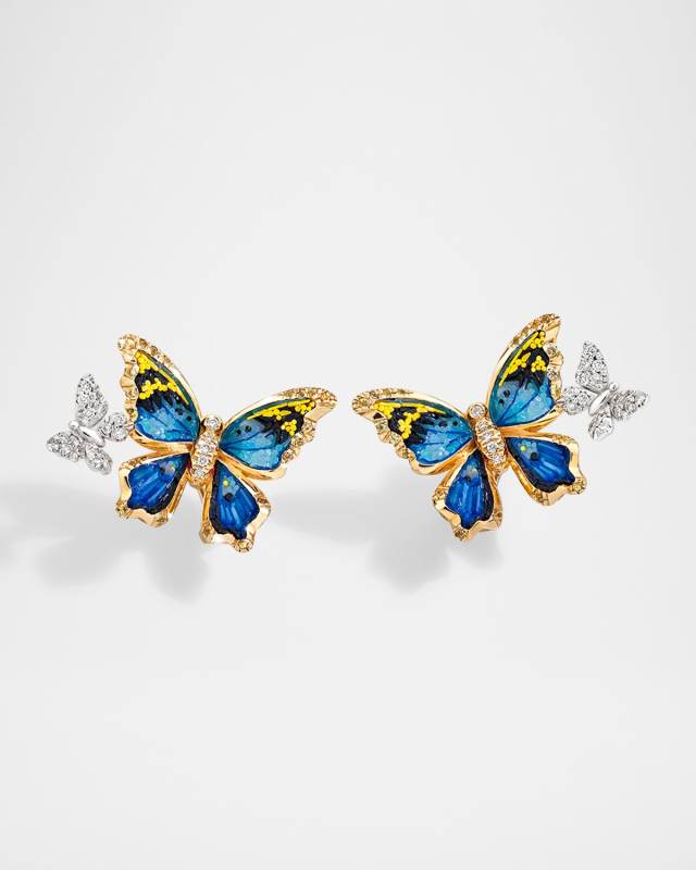 18K Nymphalia Gold Banded Forester Earrings with Micro Mosaic, Diamonds and Yellow Sapphires